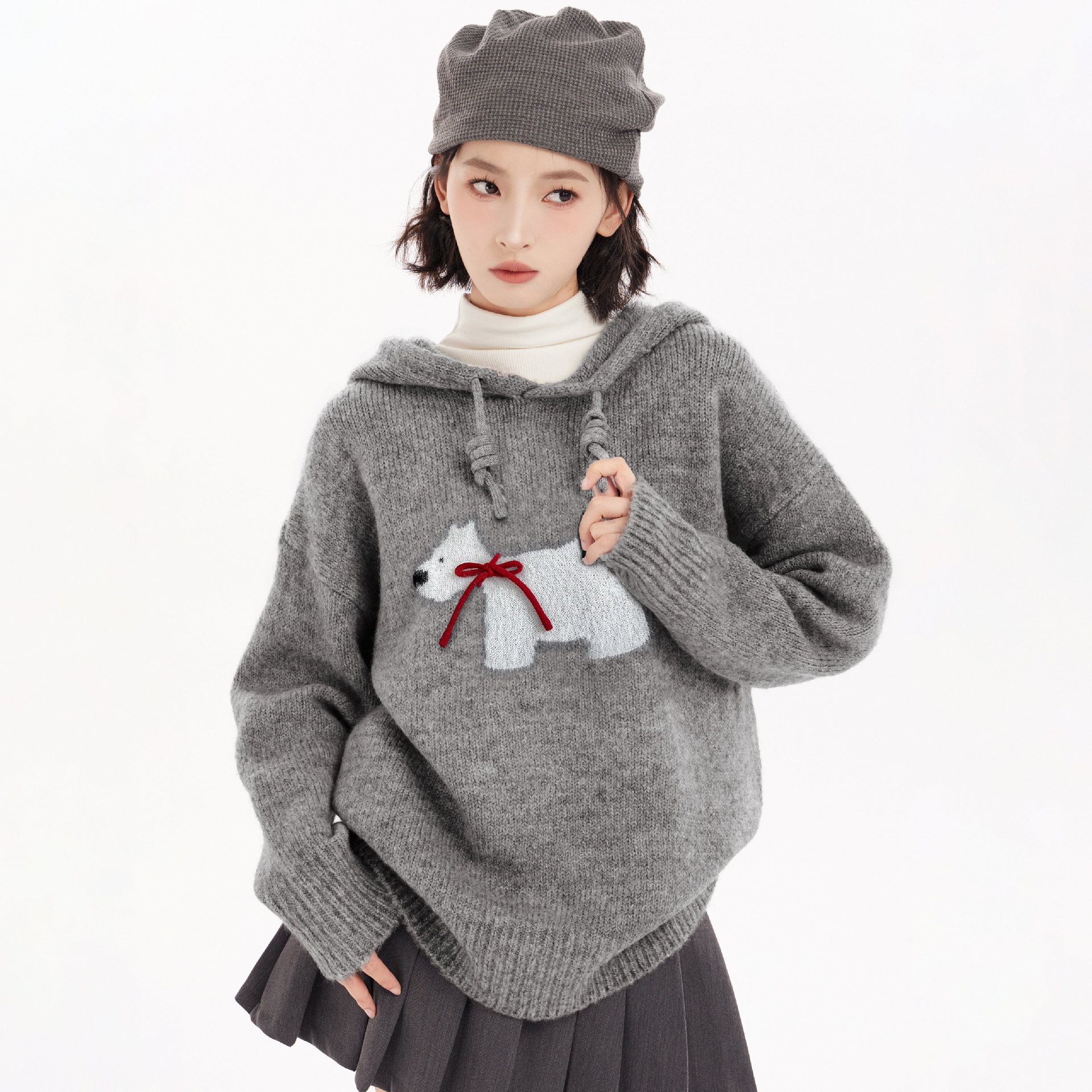 复古灰色小狗连帽女装外穿针织衫女慵懒风小个子毛衣秋季上衣外套
