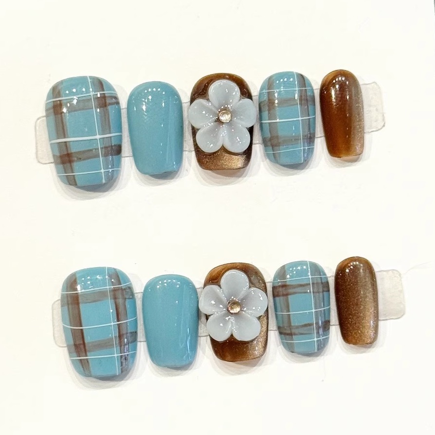 高级感手绘青格花棕纯手工穿戴甲