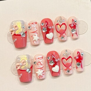 新年款红心芭蕾【电玩太妹】显白美甲贴片纯手工穿戴甲可拆卸