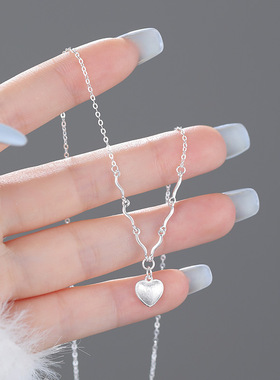 S999足银爱心拉丝项链轻奢小众设计锁骨链女节日礼物