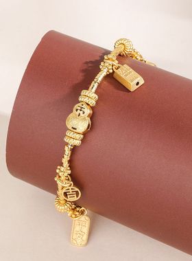 葫芦盘缠手链925纯银吉祥暴富手链复古黄金色锤纹金圈盘缠手饰礼