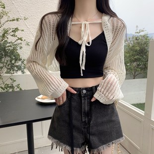 速发法式甜美镂空长晒开衫夏防袖针织衫外穿薄款款披肩短小罩衫