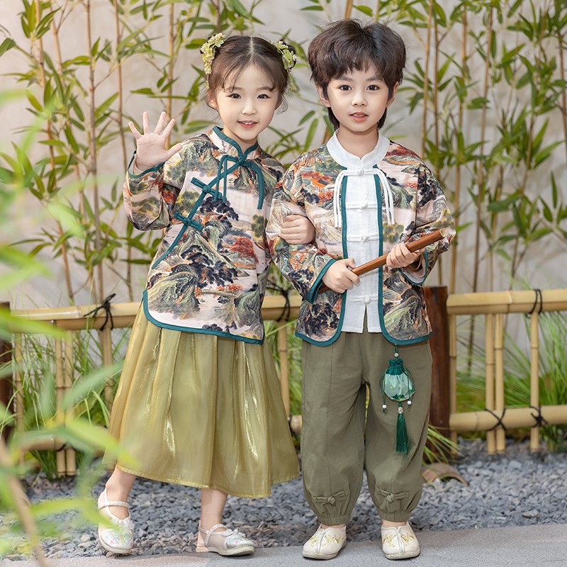 速发幼儿园园服国潮山河图汉服套装春秋款小学生中国装唐服汉风演