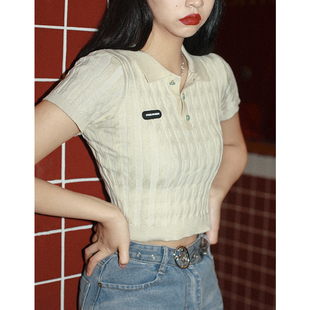 速发港风复古众O领针织衫夏季设紧感小P短款上衣计身T恤