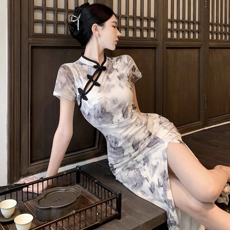 速发性感改袍年轻旗少高级感复古印花收腰款良新中式连衣裙夏