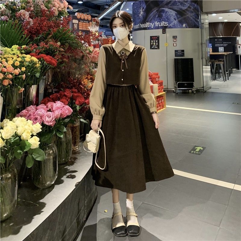 速发甜美学子风假三件连衣裙春秋个款收腰设计感小新院中长裙子