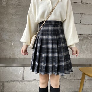 速发高腰百褶裙毛呢短裙秋冬身码a字裙学院风半大裙格长中子裙