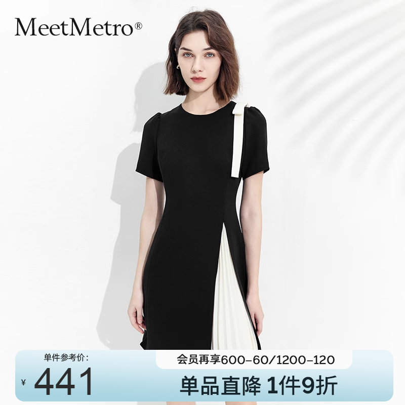 速发et4ro玛依尔褶规则撞色连衣裙202t夏装设计感蝴蝶结百不裙