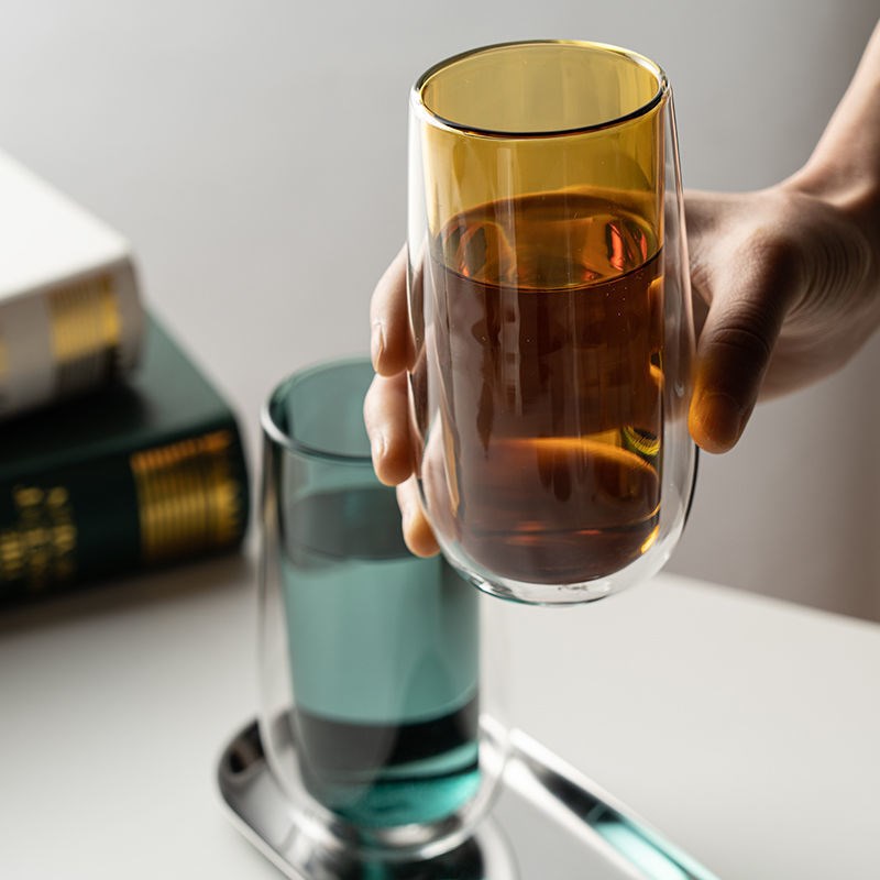 速发双层水杯隔热不烫手玻璃杯家用客茶喝绿厅杯明透子彩色热饮防