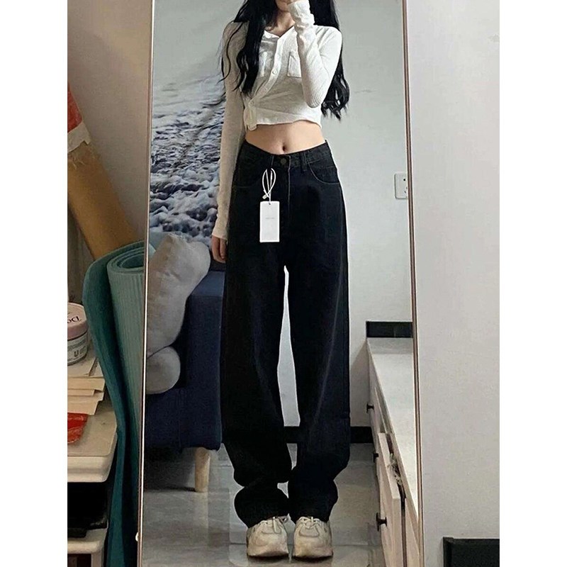 速发黑色直筒牛仔裤新款大码梨形身材宽腿窄版阔松裤子