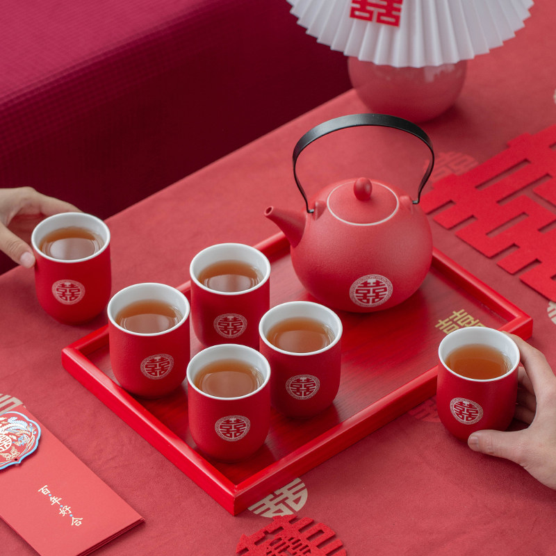 速发结婚茶具套装新婚客家厅红用色喜字茶壶婚庆陶瓷茶杯一套礼盒