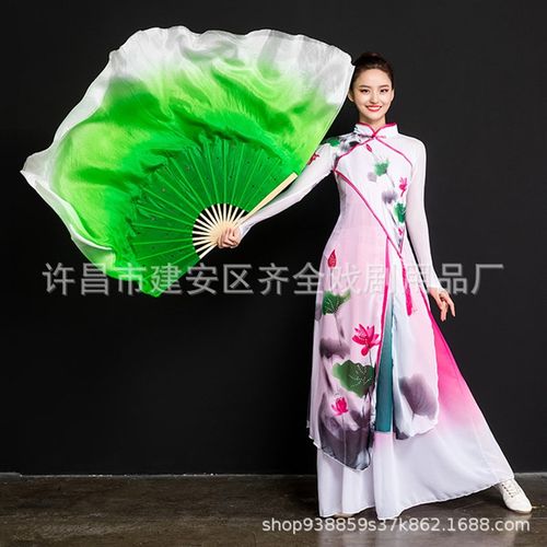 速发202加新款真丝舞蹈扇子4长绿色秧面广场舞扇双歌扇子标准跳舞