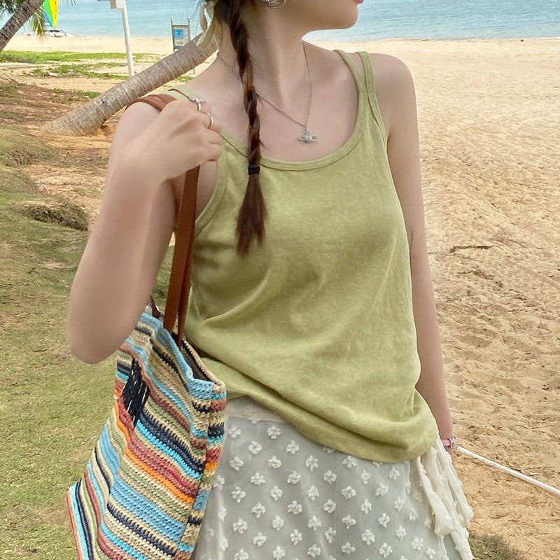 速发白色吊带背心夏外穿宽松遮副乳雪花棉内麻搭双底打肩带上衣