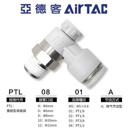 亚德客气动排气节流阀PTL4M5A-M PTL601A-M调速阀接头气缸限流阀