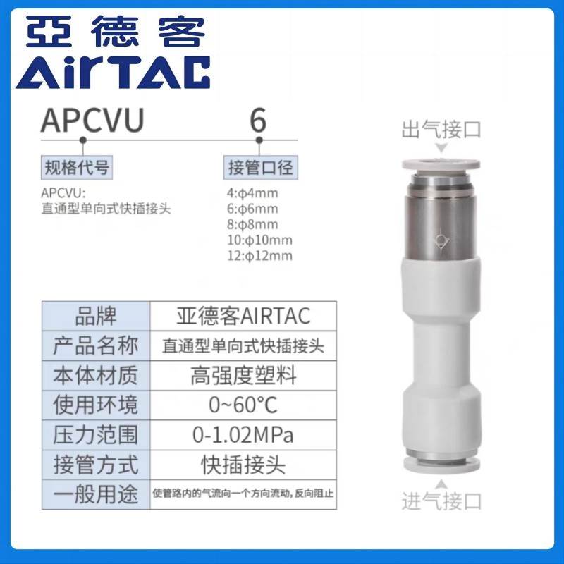 亚德客ATC单向阀快速接头APCVU4/6/8/10/12管道型直通式防逆流阀