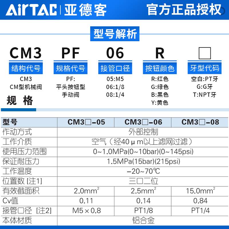 原装亚德客机械阀手动阀CM3PF05/06/08G/R/B/Y平头按钮型控制气阀