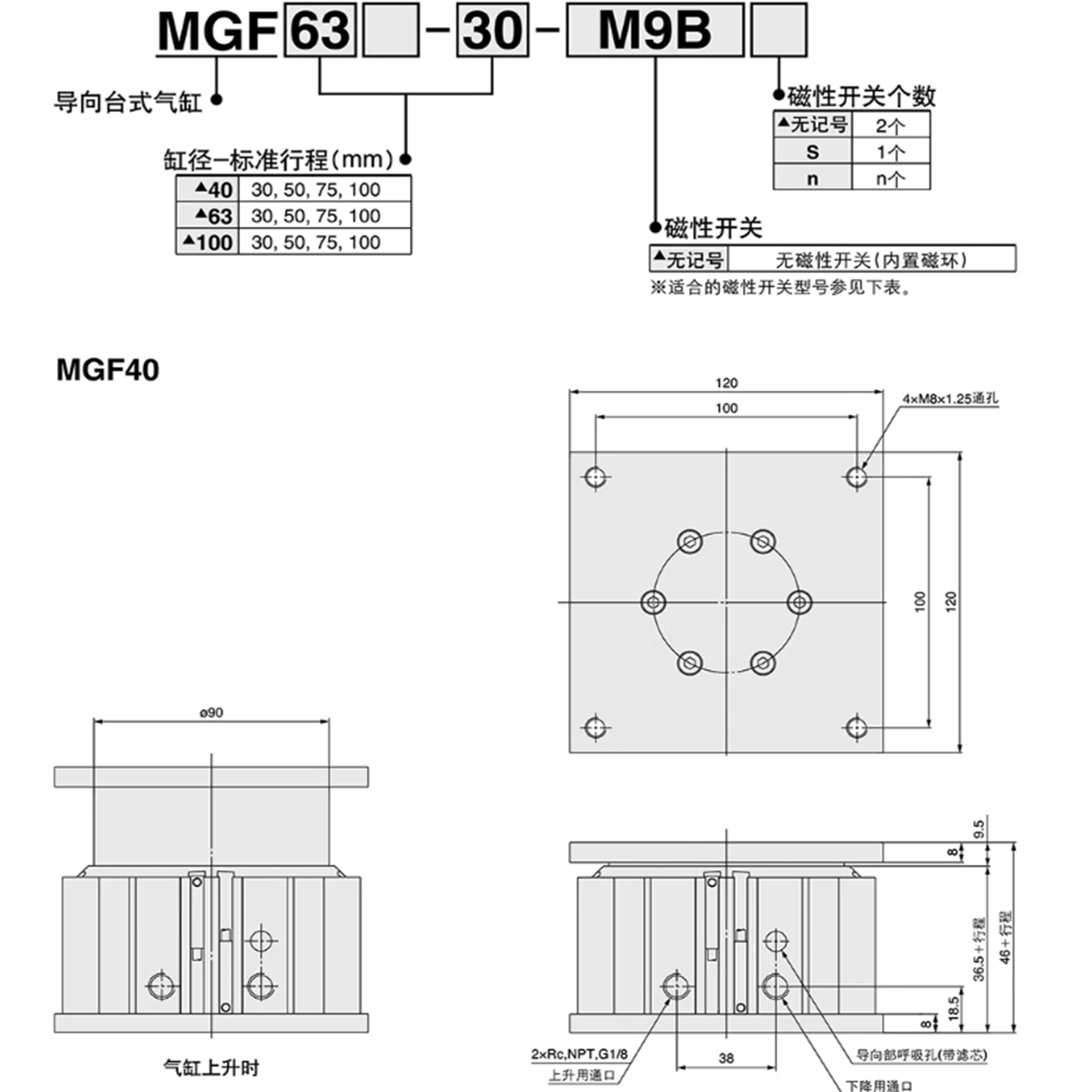 SMC全新导台式型/升降气缸MGF40/63-20/40-30/40-50/40-75/40-100
