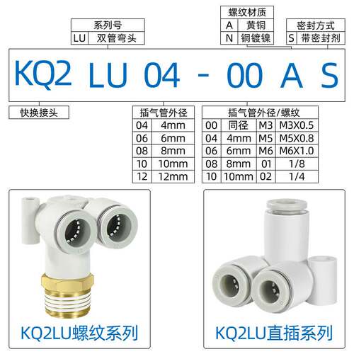 SMC气动双管弯通KQ2LU04/06/08/10/12-00A-01AS/02外螺纹气管接头