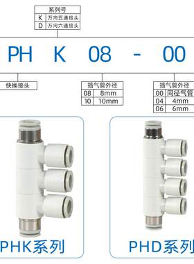 气动万向旋转五通接头PHK08-08/PHD10-10气管六通快插PK04/06/12