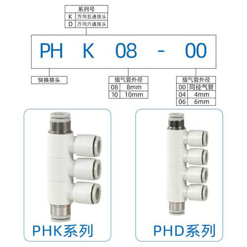 气动万向旋转五通接头PHK08-08/PHD10-10气管六通快插PK04/06/12