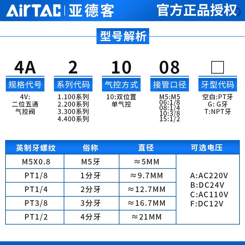原装亚德客气动控制阀4A210-08 4A310-10 110-06二位五通换向阀