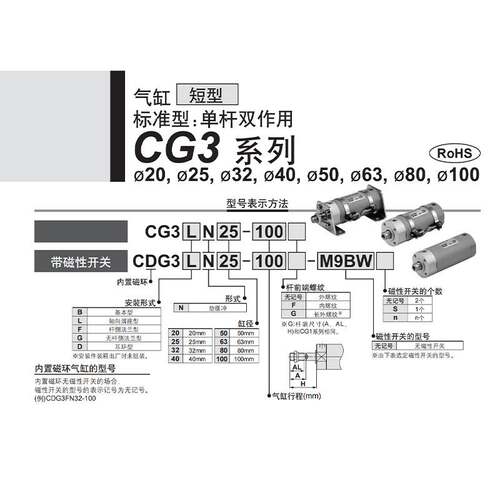 SMC轻型迷你气缸CG3BN/CDG3BN20/25/32/40-25-50-75-125-175-300