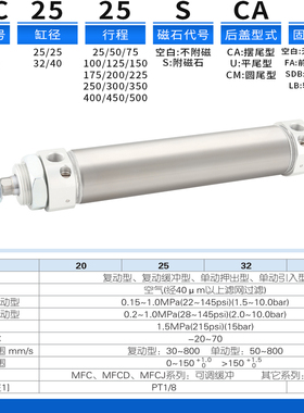 亚德客带缓冲气动小型迷你气缸MFC20X25X25X50X75X100X125X200SCA