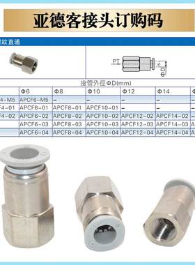 原装亚德客气管内螺纹直通接头APCF4/6/8/10/12/-M5-01-02-03-04