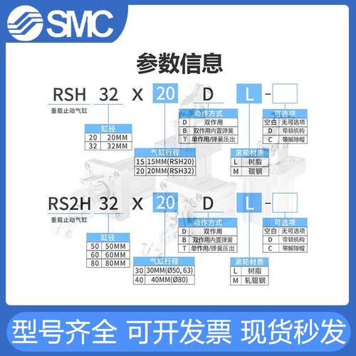 SMC重载型止动阻挡气缸RSH/RS2H20-15-32-30-50-63-8040DBLMT2701