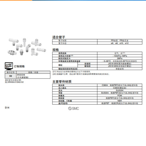 SMC难燃型接头直通弯通三通T型Y型KRE/H/K/L/R/T/U06/08-01-02W2