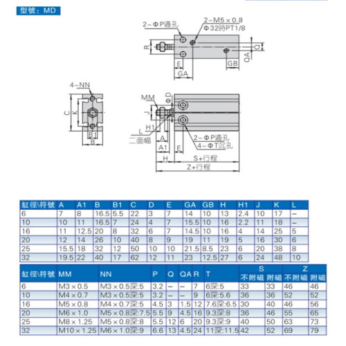 AirTac/亚德客MD6/MD10X5X10X15X20X25X30X35X40-S多位置安装气缸