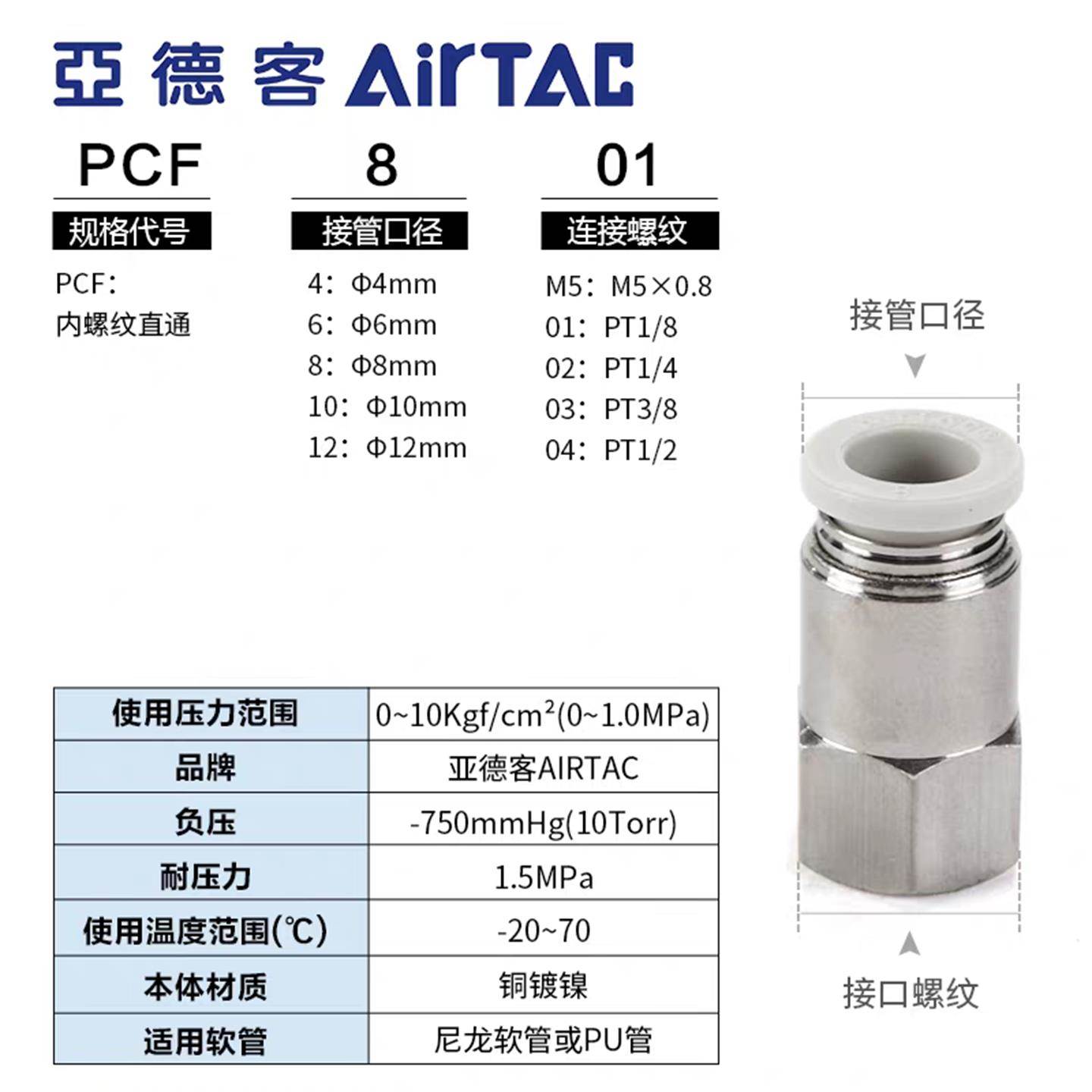 亚德客气动气管内螺纹直通快速接头PCF4/6/8/10/12/M5-01-02-03-D