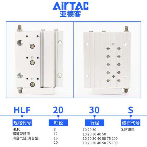 亚德客超薄型精密滑台气缸HLF8/12/16/20X10X20X30X40X50X75X100S