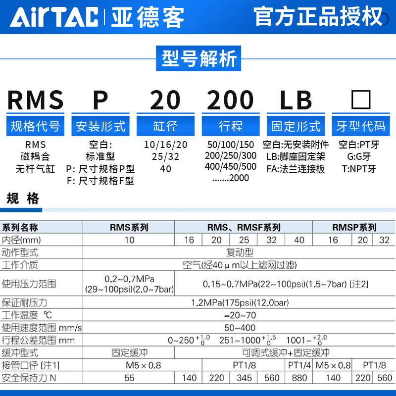亚德客RMS10/16/20/25/32/40X50X200X300X800X1500X1700无杆气缸