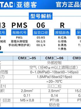 亚德客蘑菇头按钮机械阀 CM3PMS-05/M5/06/08R/G/B/Y开关气控阀