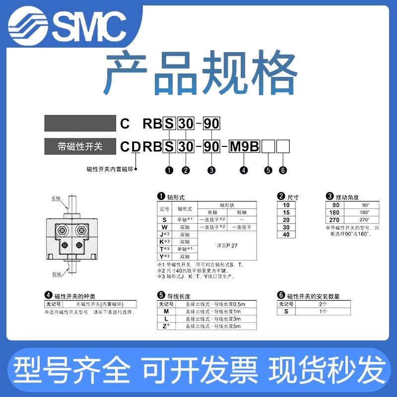 SMC气动叶片式旋转摆动气缸CRBS/CDRBS10-15-20-30-40-90度/180度