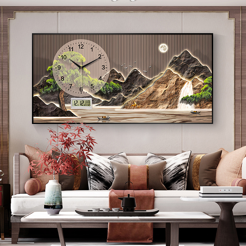 大气静音迎客松日历装饰画挂钟