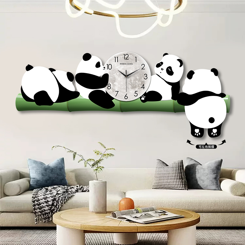 客厅熊猫装饰画静音简约现代挂钟