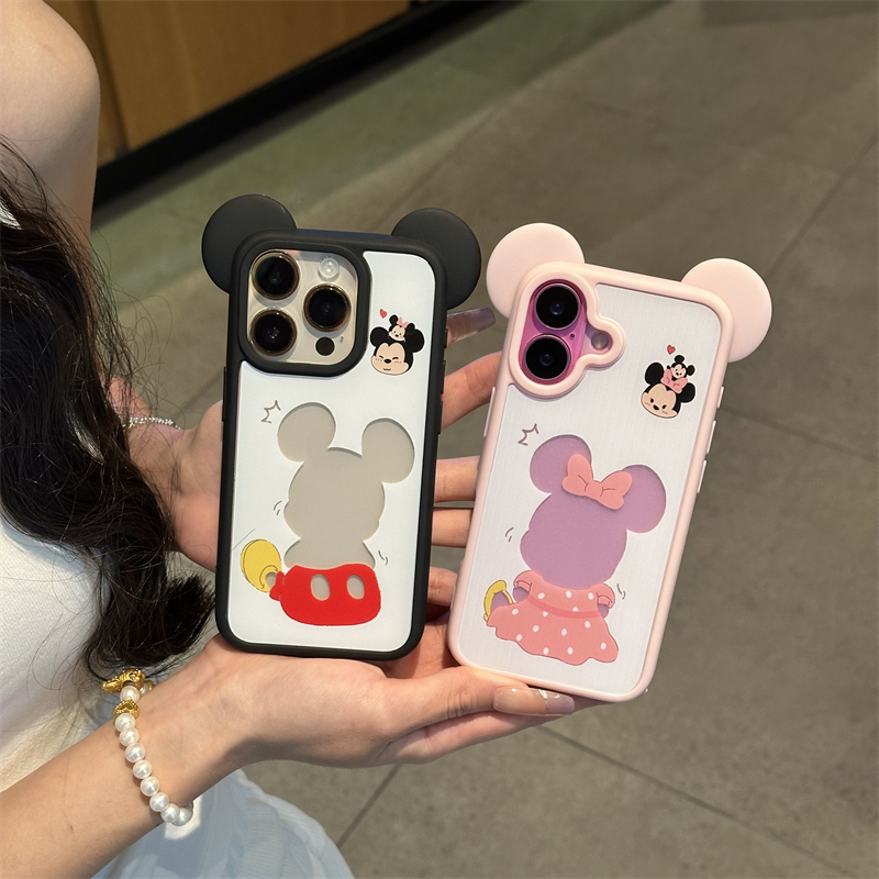 硅胶米奇耳朵撞色边框透明亚克力16适用苹果15promax手机壳plus简约iphone14小众13少女粉12大孔全包防摔情侣