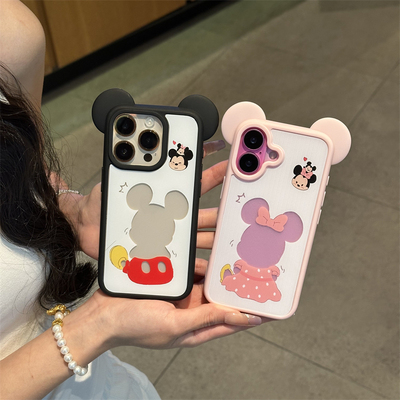 硅胶米奇耳朵撞色边框透明亚克力16适用苹果15promax手机壳plus简约iphone14小众13少女粉12大孔全包防摔情侣