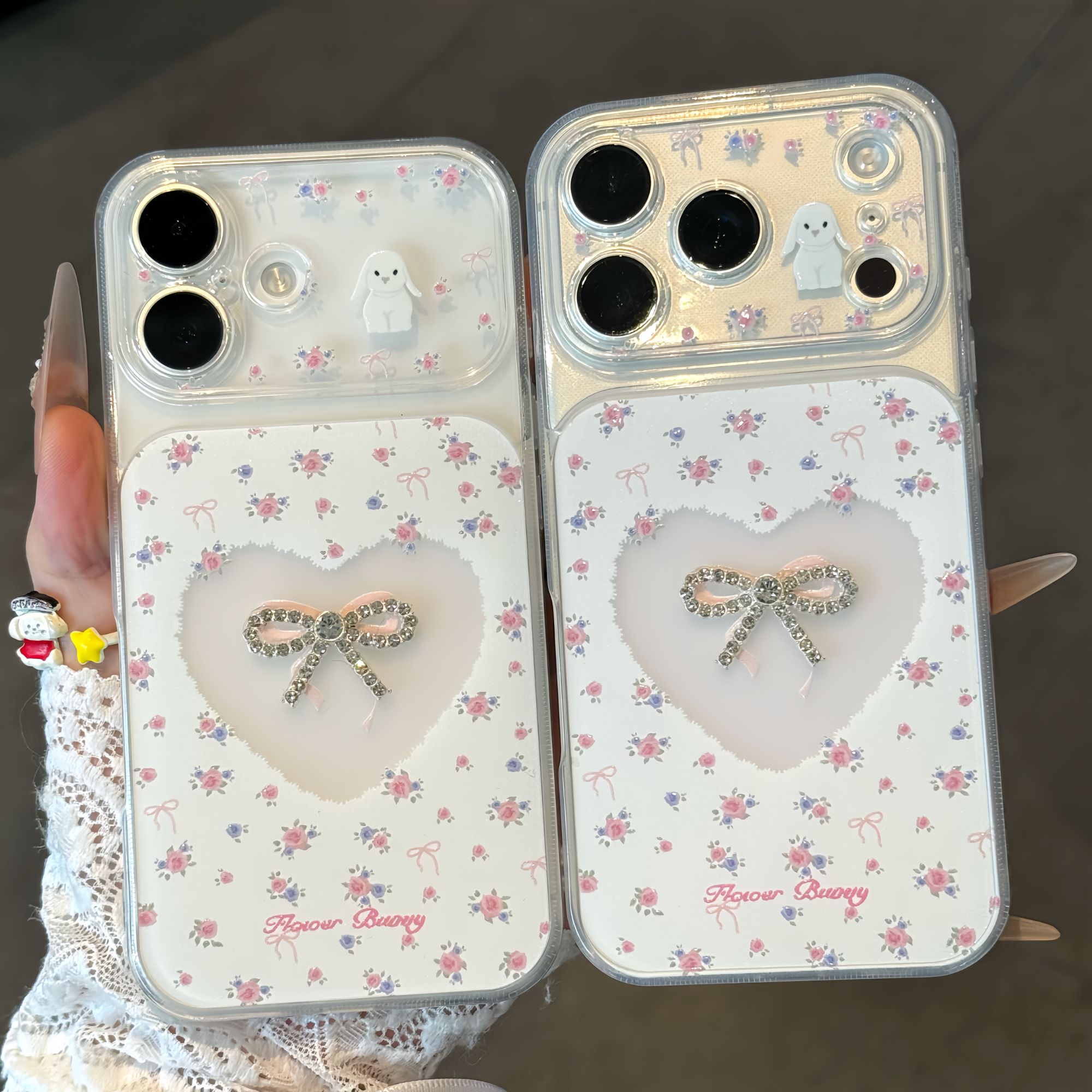 碎花爱心兔兔适用苹果16贴件手机壳iPhone17promax新款透明秒变大视窗华为Mate80防摔vivoS50保护套小米17Pro