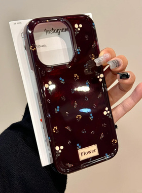 秋冬酒红小碎花适用iPhone16苹果16Promax手机壳新款IMD漩涡壳15pro防摔14plus全包13/14高级感12套xr/xsmax