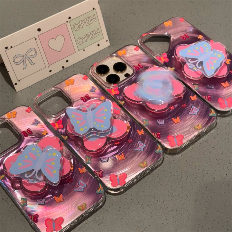 多巴胺彩色蝴蝶适用苹果16/15promax手机壳iphone14pro可爱卡通13软壳12女新款11流光壳防摔plus网红超火支架