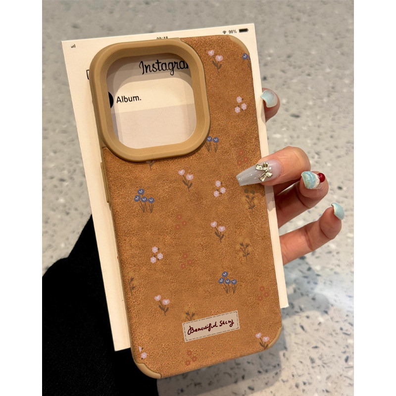 秋冬麂皮棕色 枝叶碎花适用苹果16promax手机壳女iphone15新款12翻毛皮13pro情侣14promax/15pro防摔手机软套