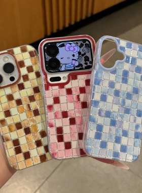 绿马赛克块适用苹果18promax/Duo手机壳iPhone17Pro新款大孔钻石纹OPPO华为Pura80情侣vivoX300防摔小米17pro