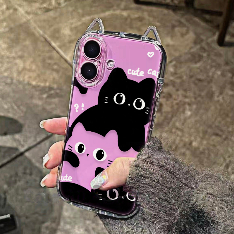 软萌黑白小猫适用iPhone17ProMax手机壳新款立体猫耳朵苹果16Promax透明17air简约14/13小众12保护壳11防摔软