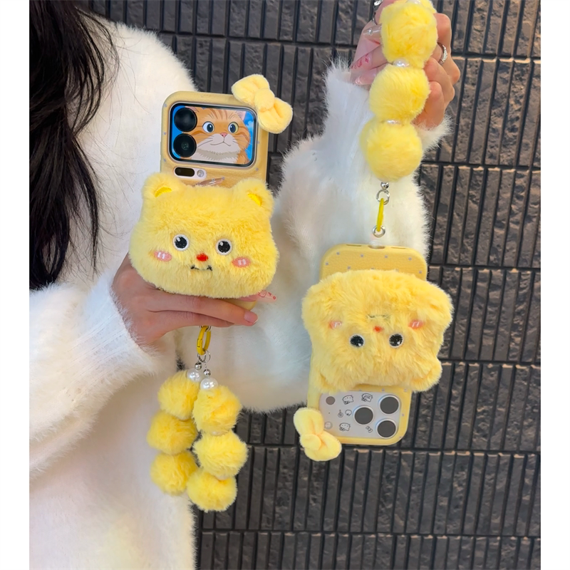毛绒黄油可爱小熊适用苹果iphone17promax手机壳超火16pro趣味华为mate70女vivox300软毛绒挂绳小米17Promax