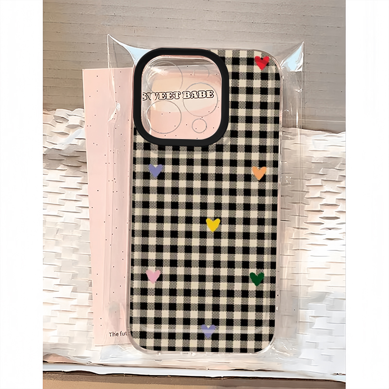 黑格纹爱心适用苹果15手机壳16Pro卡通vivox100透明红米note13防摔小米14一加套华为pura70荣耀200硅胶OPPO软