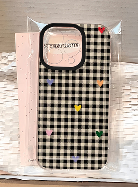 黑格纹爱心适用苹果15手机壳16Pro卡通vivox100透明红米note13防摔小米14一加套华为pura70荣耀200硅胶OPPO软