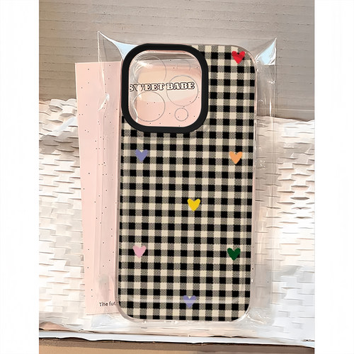 黑格纹爱心适用苹果15手机壳16Pro卡通vivox100透明红米note13防摔小米14一加套华为pura70荣耀200硅胶OPPO软